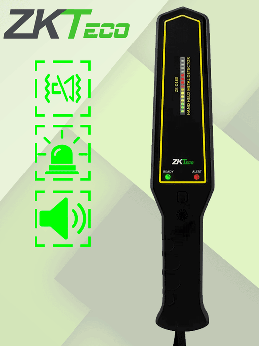 ZKTECO D180 - Detector de metales portátil con alta sensibilidad, indicador visual y alarmas sonora y de vibración. Su batería recargable de 9VDC proporciona hasta 40 horas de uso continuo, ideal para aplicaciones de seguridad eficientes y prolongadas.