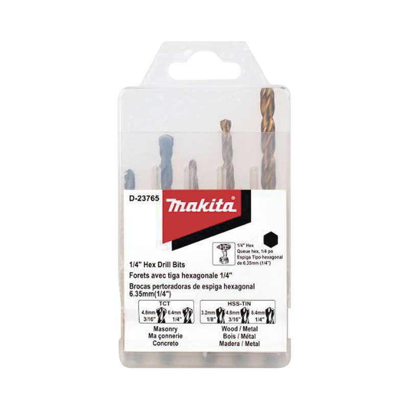 Juego de 5 Brocas con Inserción Hexagonal de 1/4. De concreto: 3/16 y 1/4. Para metal: 1/8, 3/16 y 1/4.