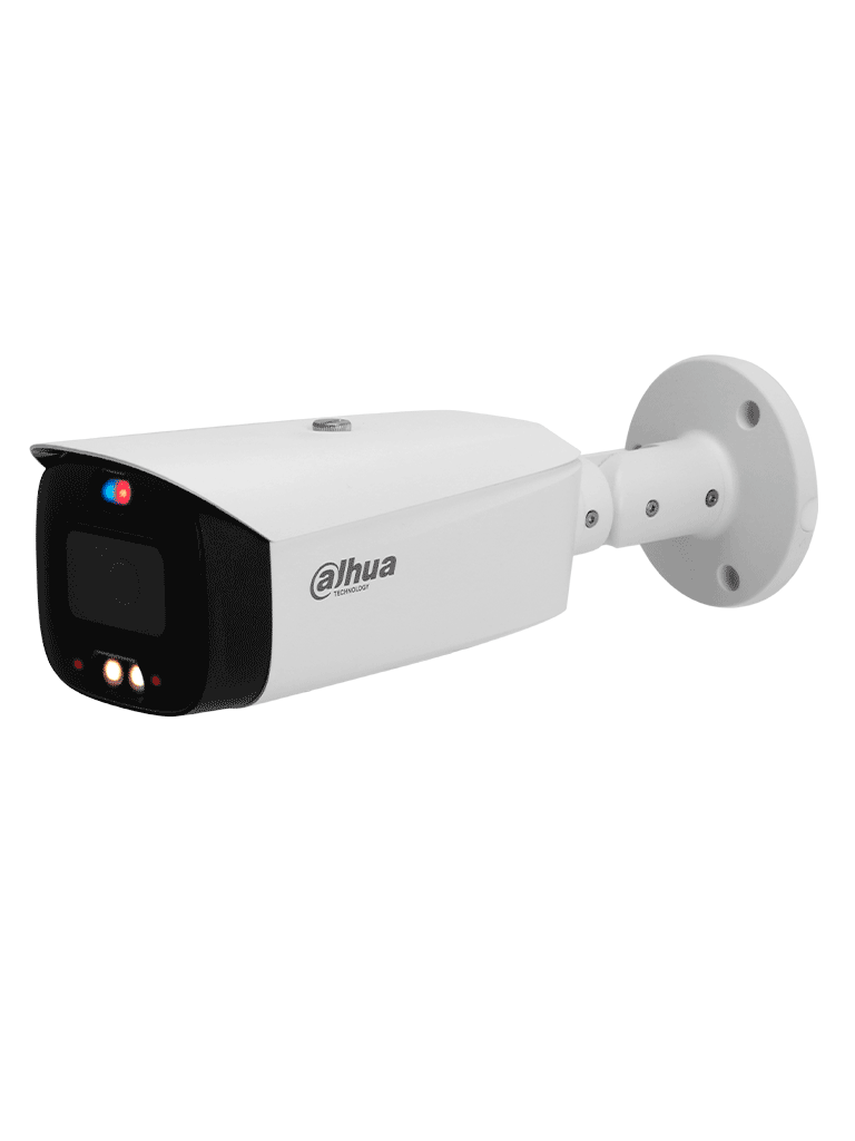 DAHUA IPC-HFW3449T1-AS-PV-V2 Cámara IP Bullet 4MP ofrece TiOC, WizSense, AcuPick, Iluminador Dual, Disuasión Activa, Lente 3.6mm, asi como sirena y estrobo azul y rojo, SMD 4.0 y protección IP67. Con ranura micro SD.