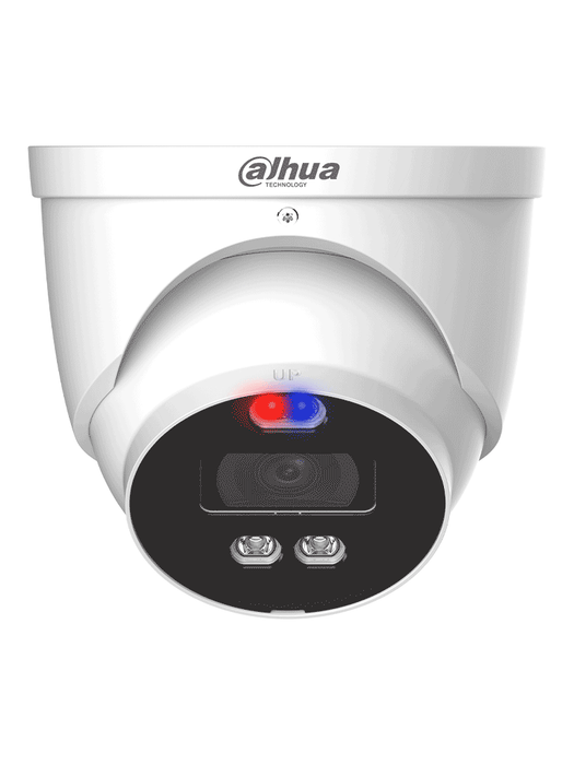 DAHUA DH-HAC-ME1809HN-A-PV - Camara Domo TiOC 4k/ Disuasión Activa/ Iluminador Dual Inteligente + FullColor/ Estrobo con Luz Roja y Azul/ Lente de 2.8mm/ 106 Grados de Apertura/ 40 Metros de IR y  Luz Visible/ Microfono Integrado/ IP67/