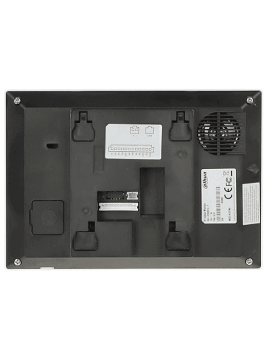 DAHUA VTH2621G-P - Monitor IP táctil de 7" en negro, Serie Lite, ideal para interiores. Soporta PoE estándar, hasta 4 cámaras de entrada y 4 monitores adicionales. Incluye modo No Molestar, 6 entradas/salidas de alarma, y compresión H.265.