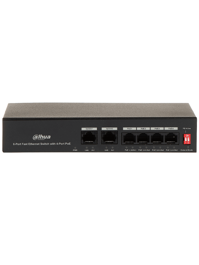 DAHUA PFS3006-4ET-36 - Switch PoE de 6 Puertos Fast Ethernet/4 Puertos PoE 10/100/ 2 Puertos uplink 10/100/ 36 Watts Totales/ Switching 1.2 Gbps/ Tasa de Reenvio de Paquetes .89 Mbps/ con Protección de Descargas
