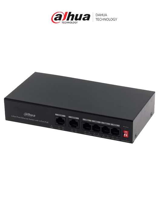 DAHUA PFS3006-4ET-36 - Switch PoE de 6 Puertos Fast Ethernet/4 Puertos PoE 10/100/ 2 Puertos uplink 10/100/ 36 Watts Totales/ Switching 1.2 Gbps/ Tasa de Reenvio de Paquetes .89 Mbps/ con Protección de Descargas