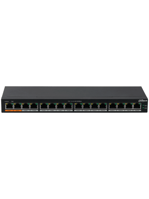 DAHUA DH-PFS3016-16GT-190 - Switch Gigabit PoE de 16 Puertos/ 190 Watts Totales/ Los 2 Puertos Naranjas Soportan Hi-PoE Estandar/ Switching 32 Gbps/ Tasa de Reenvio de paquetes 23.808 Mbps/ Protección Contra Descargas/