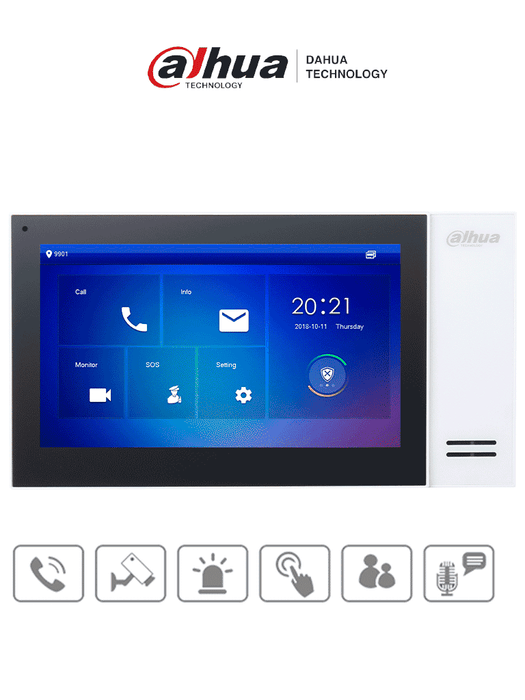 DAHUA VTH2421FW-P - Monitor IP de 7" Serie Pro con pantalla táctil, 8GB de memoria, PoE estándar, ranura MicroSD, admite 9 monitores adicionales, llamada grupal, videos, mensajes y 6 entradas/salidas de alarma /