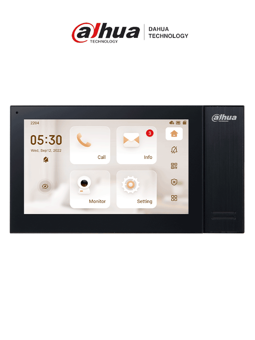 DAHUA VTH2421FB-P - Monitor IP táctil de 7" Serie Pro, con 8GB de memoria embebida, PoE estándar, ranura MicroSD, soporta llamada grupal, videos, mensajes, 6 entradas/salidas de alarma, y hasta 9 monitores adicionales.