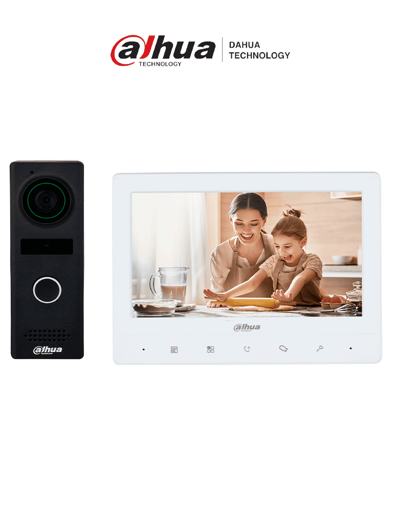 DAHUA KTA02M - Kit de videoportero analógico con frente de calle metálico y cámara de 1.3 MP, DWDR e IR automático. Incluye monitor TFT de 7", entrada y salida de audio, y soporte para botón de salida. Ideal para seguridad y comodidad/
