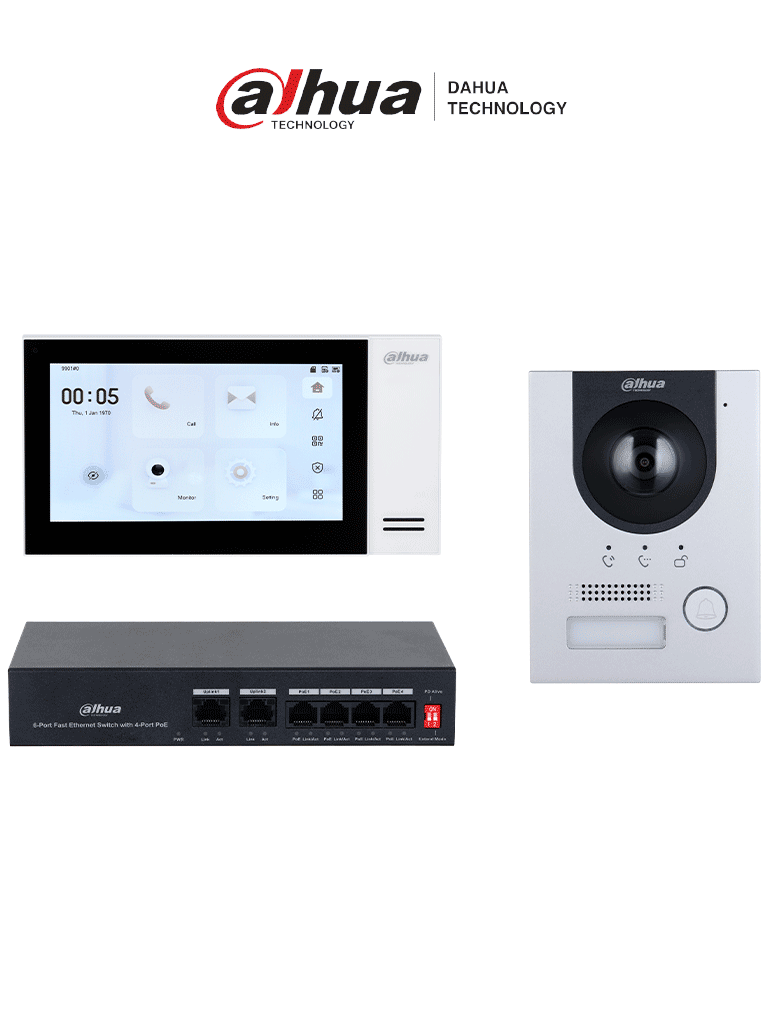 DAHUA KTP01L(S) - Kit de Videoportero IP con Frente de Calle Metálico Antivandálico  y cámara de 2MP. Incluye monitor táctil de 7", ranura SD, control de puerta, E/S de alarmas, y switch PoE de 6 puertos, 36W. Ideal para seguridad avanzada/