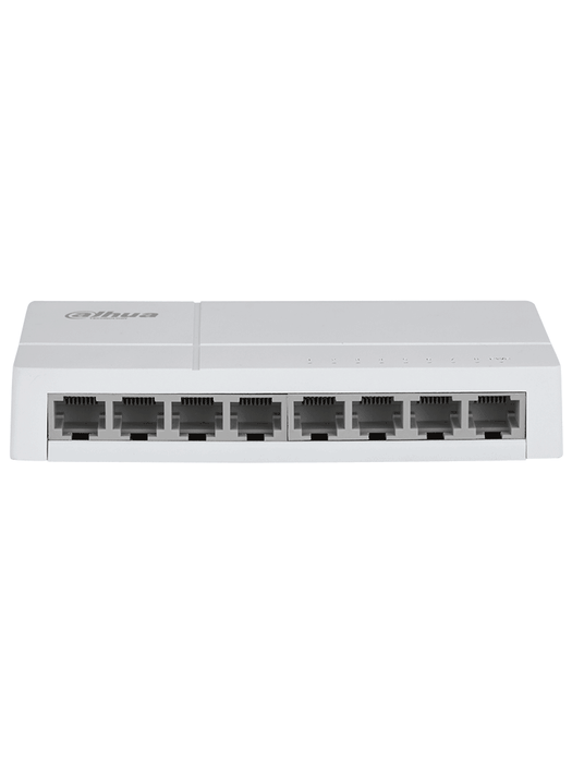 DAHUA DH-SF1008L - Switch de Escritorio con 8 puertos Fast Ethernet (10/100 Mbps), diseño compacto de capa 2, con capacidad de switching de 1.6 Gbps y velocidad de reenvío de paquetes de 1.19 Mpps. Ideal para redes eficientes y compactas.