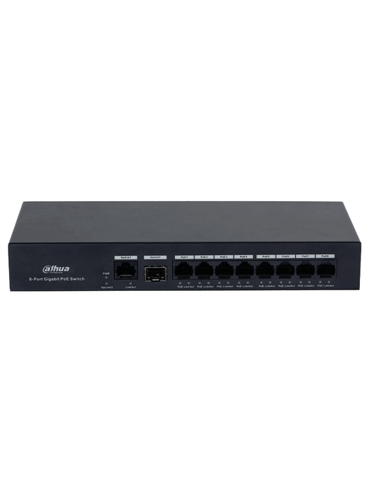 DAHUA DH-PFS3110-8GT-65 - Switch PoE inteligente con 8 puertos Gigabit, 60W de potencia total y switching de 20 Gbps. Ideal para alimentar y conectar dispositivos IP con protección contra descargas eléctricas.