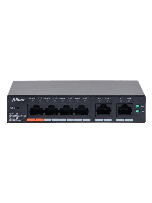 DAHUA DH-CS4006-4ET2ET-60 - Switch PoE de 6 Puertos Administrable con 4 PoE (10/100 Mbps) y 2 uplink (10/100 Mbps). Total de 65 W PoE, administración en la nube con DoLynk Care, carcasa metálica robusta, ideal para redes IP.