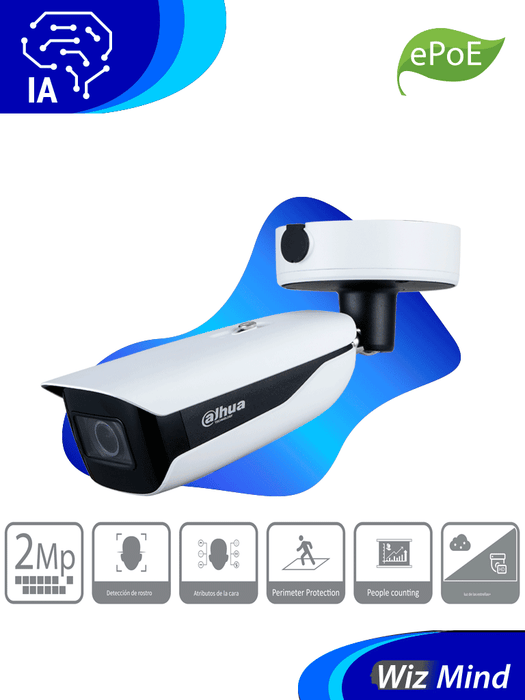 DAHUA IPC-HFW5242HN-ZHE-MF - Cámara IP Bullet Resolución de 2 MP/ Lente Mot. 2.7 a 18mm/ ∢ 107°-33.9°/ IR 70 mts/ IA WizMind/ Detección Facial/ Protección Perimetral/ Conteo de Personas/ Starlight/ ePoE/ WDR/ H.265+/ IP67/ IK10/ E&S Alarma/ E&S Audio/