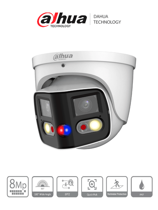 DAHUA IPC-PDW3849-A180-AS-PV Cámara IP WizSense Eyeball con multivisión en dos sensores de 4MP, ofreciendo un ángulo de 180°. Con IR de 25 m, LED de 20 m, disuasión activa, ePTZ, micrófono, altavoz, y protección IP67.