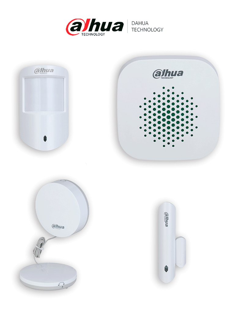 DAHUA PAQUETE BASE - Paquete básico de periféricos para sistemas inalámbricos de intrusión de Dahua, Incluye: 1 PIR para interior, 1 Contacto magnético, Sirena para interior, Detector de inundación, Administrable desde la aplicación DMSS