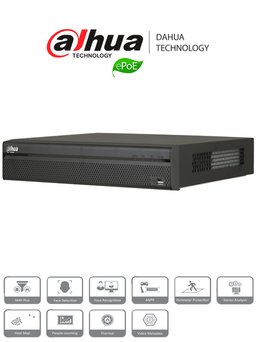 DAHUA NVR5208-8P-4KS2E - NVR 8 Canales IP 4K / H265+ / Rendimiento 320  Mbps / 8 Puertos tecnologia E PoE hasta 800M /  PoE / ANPR /  HDMI / PoS / 2 SATA / P2P / DEWARPING