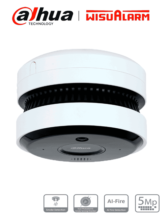 DAHUA WISUALARM DHI-HY-SAV849HA-E -Cámara IP 5MP con IA para Detección de Incendio/Detector Fotoelectrico/ Buzzer de 85 dB/ WDR Real/ Flip/ E&S de Alarma/ IR de 20 Metros/ PoE/Microfono y Altavoz/Ranura MicroSD