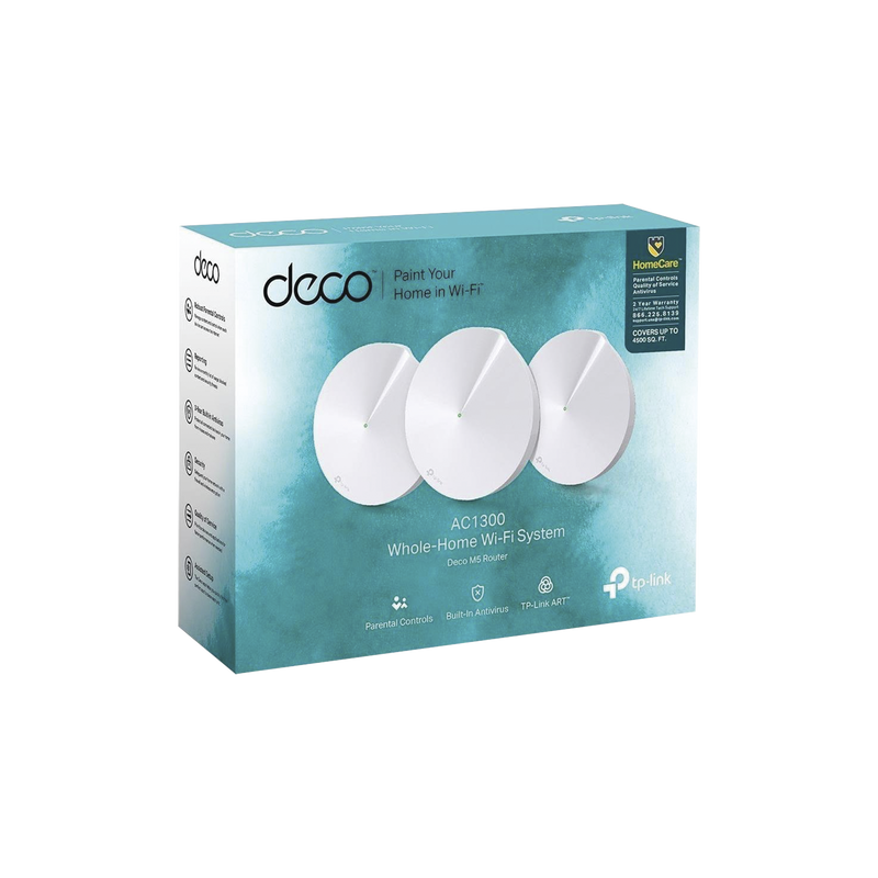 DECOM5-3PACK Kit 3 Routers Inalámbricos MESH Interior para Hogar / Doble Banda Wi-Fi 5 AC1300 Mbps / 2 Puerto Gigabit WAN/LAN / 4 Antenas Internas / Administración Mediante la App Deco (iOS, Android) / Protección HomeCare