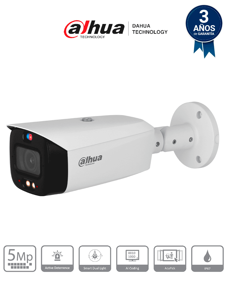 DAHUA DH-IPC-HFW3549T1-ZAS-PV - Cámara IP bullet de 5 MP /WizSense/ Lente varifocal/ TIOC 2.01/ Disuasión activa/ Iluminador dual inteligente/ IR 50 m/ Luz cálida 40 m / SMD 4.0 / Audio bidireccional / E&S de alarma y audio/ PoE/ IP67/