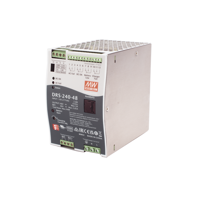 DRS24048 Fuente de Poder Industrial de 240W con Cargador de Baterías, salida 48Vcc, 5A, para montaje Riel Din
