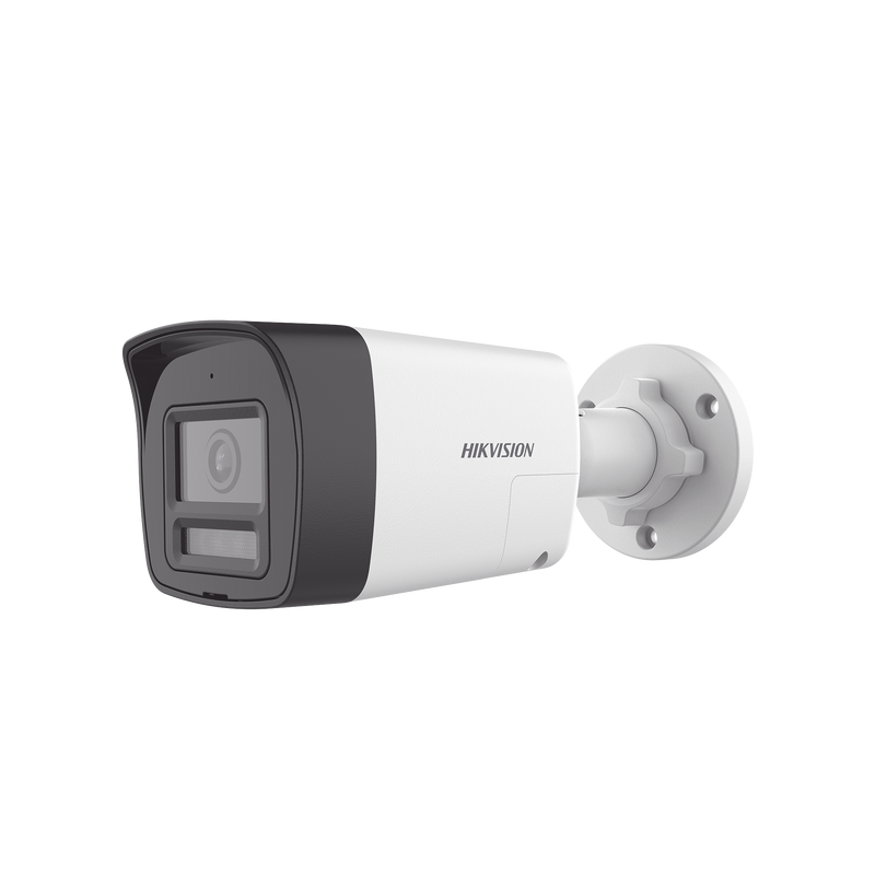 DS-2CE16D0T-LTS [Audio Bidireccional + Dual Light + ColorVu] Bala TURBOHD 2 Megapixel (1080p) / Lente 2.8 mm / 30 mts IR EXIR + 20 mts Luz Blanca / Micrófono y Bocina Integrado / Exterior IP67 / Metal / dWDR
