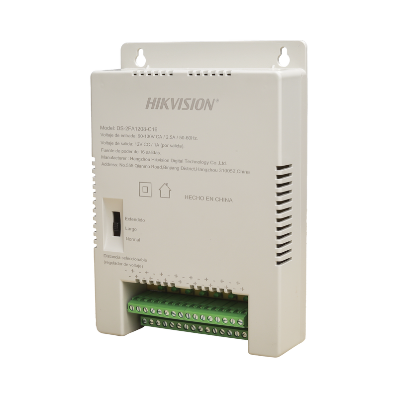 DS-2FA1208-C16/K Fuente de Poder Regulada 12 Vcc / 13.5 Vcc / 15 Vcc para 16 Cámaras / 1 Amp por Salida / Voltaje de Entrada 90 - 130 VCA / Soporta 4K / Modo para Largas Distancias
