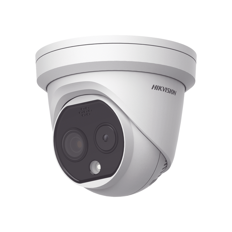 DS-2TD1217-2/QA Turret IP Dual / Térmica 1.8 mm (160 x 120) / Óptico 2 mm (4 Megapixel) / Detección de Personas 53 mts / 15 mts IR / Exterior IP67 / PoE / Termométrica / Detección de Temperatura / Sirena y Luz / Micro SD 32 GB Incluida