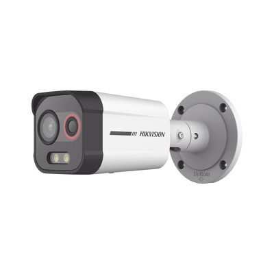 Bala IP Dual / Térmica 1.35 mm (96 x 72) / Óptico 4 mm (4 Megapixel) / Detección de Intrusión por VCA 30 mts /30 mts Luz Blanca / Exterior IP67 / PoE / Sirena y Luz Intermitente Integrada / Micro SD / ColorVu y ACUSENSE - Toer
