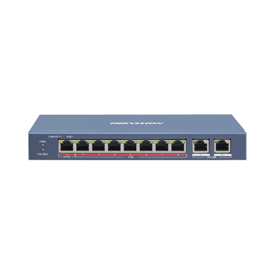 Switch PoE+ / No Administrable / 7 Puertos 10/100 Mbps 802.3 af/at (30 W) / 1 Puerto 10/100 Mbps Hi-PoE (90 W)  / 2 Puertos 1000 Mbps Uplink / Modo Extendido hasta 300 Metros / 110 Watts