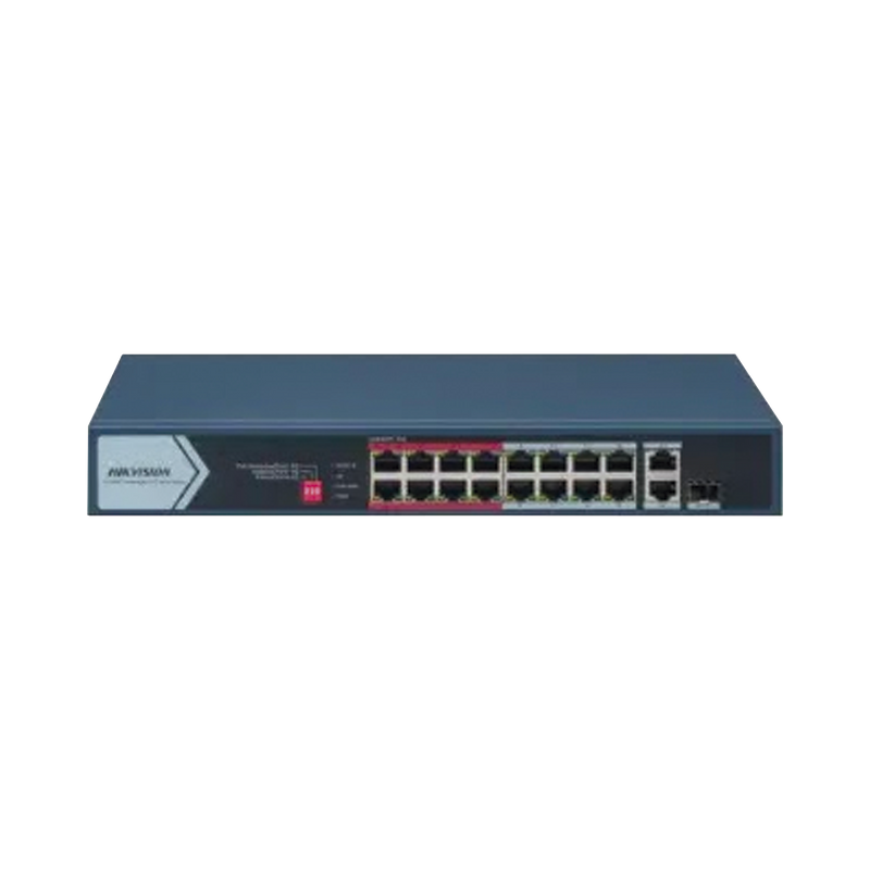 DS-3E0318P-E/M(C) Switch PoE+ / No Administrable / 16 Puertos 10/100 Mbps PoE+ / 2 Puertos 1000 Mbps Uplink / 1 Puerto SFP Uplink / Modo Extendido hasta 300 Metros / 130 W