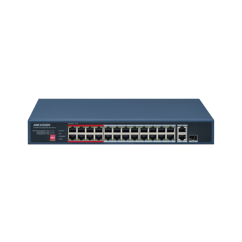 DS-3E0326P-E/M(C) Switch PoE+ / No Administrable / 24 Puertos 10/100 Mbps PoE+ / 2 Puertos 1000 Mbps Uplink / 1 Puerto SFP Uplink / Modo Extendido hasta 300 Metros / 230 W