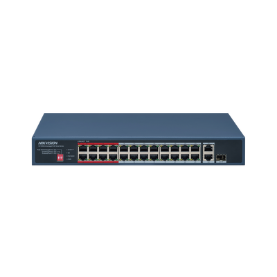 Switch PoE+ / No Administrable / 24 Puertos 10/100 Mbps PoE+ / 2 Puertos 1000 Mbps Uplink / 1 Puerto SFP Uplink / Modo Extendido hasta 300 Metros / 230 W - Toer