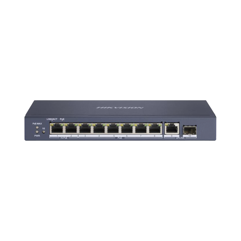 Switch PoE+ / No Administrable / 7 Puertos 1000 Mbps 802.3 af/at (30 W) / 2 Puertos 1000 Mbps Hi-PoE (90 W) / 1 Puertos 1000 Mbps Uplink / 1 Puerto SFP / Modo Extendido hasta 300 Metros / 110 Watts