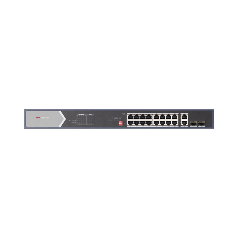 Switch Gigabit PoE+ / No Administrable / 16 Puertos 1000 Mbps PoE+ (4 Puertos PoE++ 90 W) / 2 Puertos 1000 Mbps Uplink + 2 Puertos SFP de Uplink / Modo Extendido hasta 300 Metros / 225 W