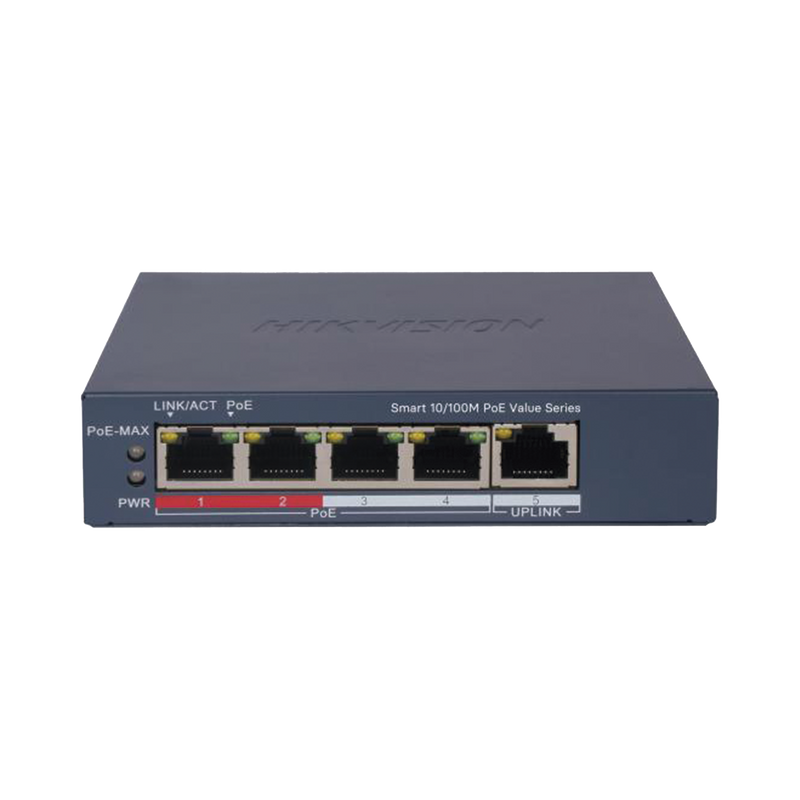 DS-3E1105P-EI/M Switch PoE+ / Administrable / 4 Puertos 10/100 Mbps PoE+ / 1 Puerto 10/100 Mbps Uplink / Configuración Nube Hik-PartnerPro / Modo Extendido hasta 300 Metros /  45 W