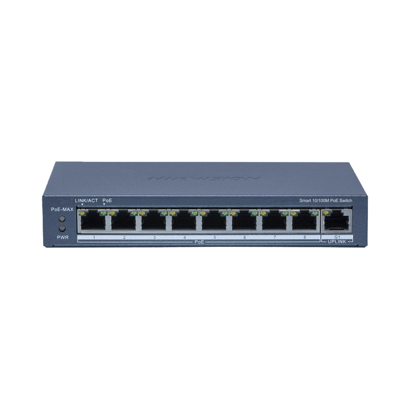 DS-3E1309P-EI/M Switch PoE+ / Monitoreable / 8 Puertos 10/100 Mbps PoE+ / 1 Puerto 1000 Mbps Uplink /  Configuración Nube Hik-Partner Pro / Modo Extendido hasta 300 metros / 60 W