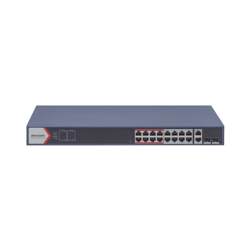 DS-3E1318P-EI(B) Switch PoE+ / Monitoreable / 16 puertos 10/100 Mbps PoE+ / 2 Puertos 1000 Mbps Uplink / 2 Puertos SFP de Uplink /  Configuración Nube Hik-Partner Pro / Modo Extendido hasta 300 metros / 230 W