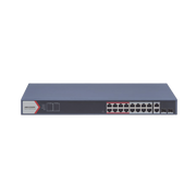 Switch PoE+ / Monitoreable / 16 puertos 10/100 Mbps PoE+ / 2 Puertos 1000 Mbps Uplink / 2 Puertos SFP de Uplink /  Configuración Nube Hik-Partner Pro / Modo Extendido hasta 300 metros / 230 W - Toer