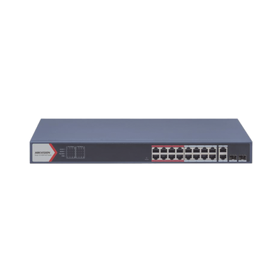 Switch PoE+ / Monitoreable / 16 puertos 10/100 Mbps PoE+ / 2 Puertos 1000 Mbps Uplink / 2 Puertos SFP de Uplink /  Configuración Nube Hik-Partner Pro / Modo Extendido hasta 300 metros / 230 W - Toer