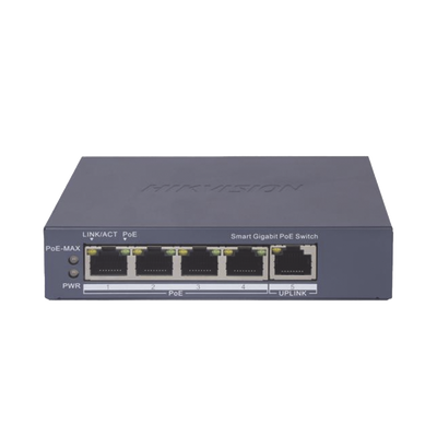 Switch Gigabit PoE+ / Administrable / 4 Puertos 1000 Mbps PoE+ / 1 Puerto 1000 Mbps Uplink / Configuración Nube Hik-PartnerPro / Modo Extendido hasta 300 Metros / 60 Watts - Toer