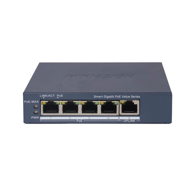 DS-3E1505P-EI/M Switch Gigabit PoE+ / Monitoreable / 4 Puertos 1000 Mbps PoE+ / 1 Puerto 1000 Mbps Uplink / Configuración Nube Hik-PartnerPro / Modo Extendido hasta 300 Metros / 45 Watts