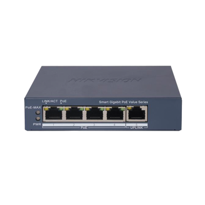 Switch Gigabit PoE+ / Monitoreable / 4 Puertos 1000 Mbps PoE+ / 1 Puerto 1000 Mbps Uplink / Configuración Nube Hik-PartnerPro / Modo Extendido hasta 300 Metros / 45 Watts - Toer