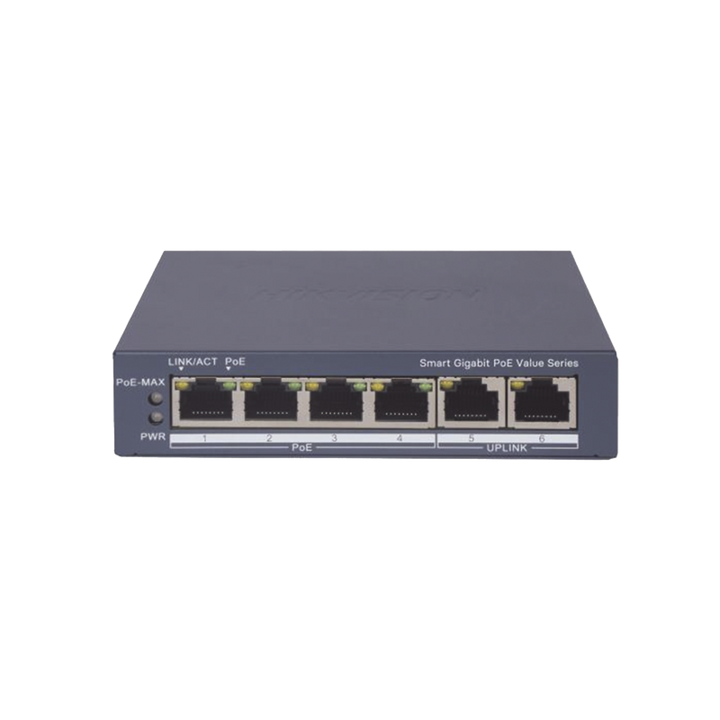 DS-3E1506P-EI/M Switch Gigabit PoE+ / Administrable / 4 Puertos 1000 Mbps PoE+ / 2 Puertos 1000 Mbps Uplink / Configuración Nube Hik-PartnerPro / Modo Extendido hasta 300 Metros / 45 Watts