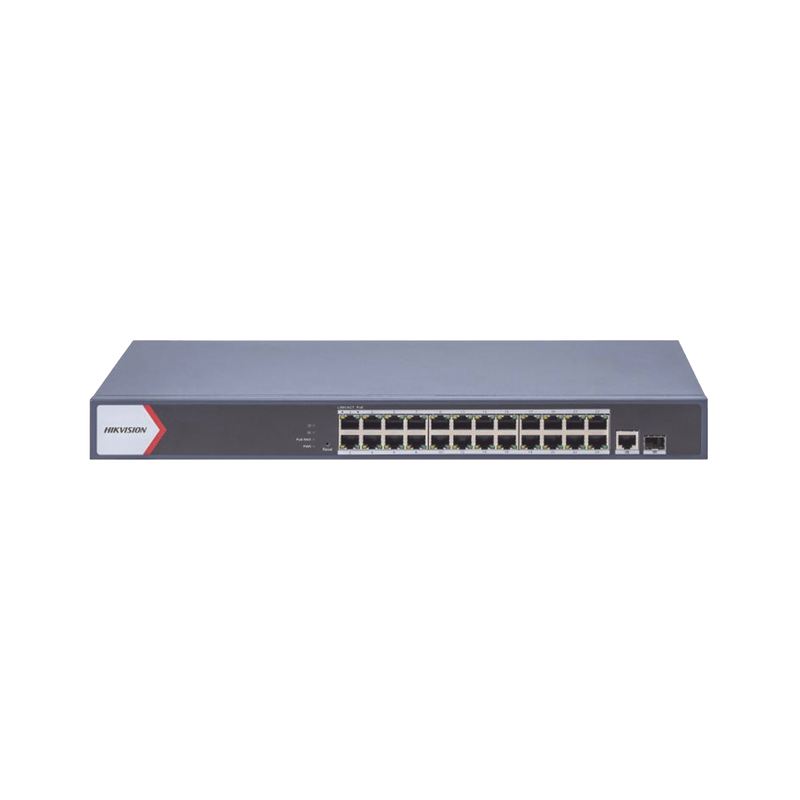 DS-3E1526P-EI Switch Gigabit PoE+ / Administrable / 24 Puertos 1000 Mbps PoE+ /  1 Puerto 100 uplink / 1 Puerto 1000 Mbps Uplink / 1 Puertos SFP Uplink / Configuración Nube desde Hik-PartnerPro / Modo Extendido hasta 300 Metros / 370 W