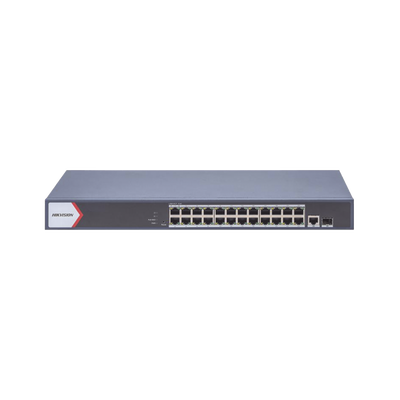 Switch Gigabit PoE+ / Monitoreable / 24 Puertos 1000 Mbps PoE+ /  1 Puerto 100 uplink / 1 Puerto 1000 Mbps Uplink / 1 Puertos SFP Uplink / Configuración Nube desde Hik-PartnerPro / Modo Extendido hasta 300 Metros / 370 W - Toer