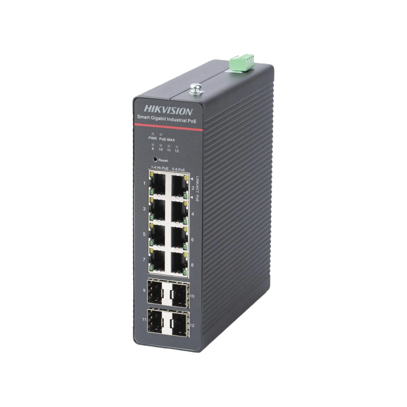 DS-3T1512HP-SI-8P4F Switch Gigabit PoE+ / Industrial / Administrable / 4 Puertos Gigabit PoE+ (90 W) + 4 Puertos Gigabit PoE+(30 W) / 4 Puertos Gigabit SFP / 300 W Total / 48 a 57 VCD / Ideal para Proyectos / 300 Metros de Distancia