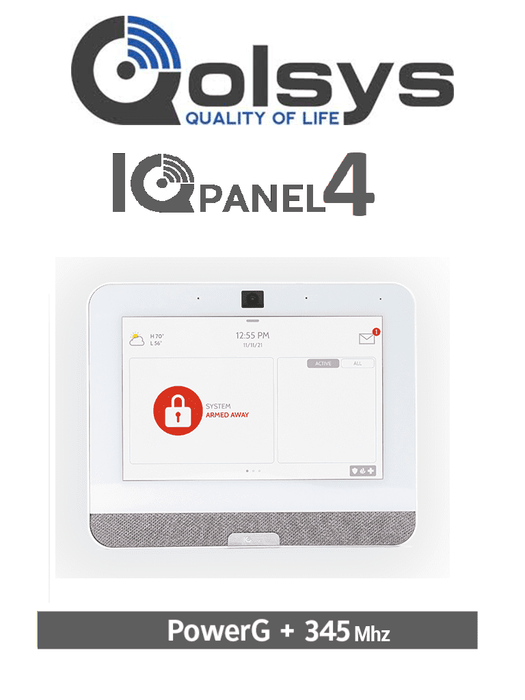 QOLSYS IQP4006 - Sistema de Alarma IQPanel4 Autocontenido , con Pantalla Tactil de 7", Power G 915 Mhz + Honeywell 345 Mhz. Con 4 Bocinas integradas (4W). Para la plataforma Alarm.com