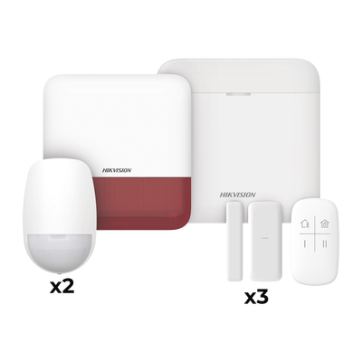 (AX PRO) KIT de Alarma AX PRO con GSM (3G/4G) / Incluye: 1 Hub con bateria de respaldo / 2 Sensores PIR / 3 Contactos Magnéticos mini / 1 Control Remoto / 1 Sirena estrobo Roja Inalambrica Exterior  / WiFi / Compatible con Hik-Connect P2P - Toer