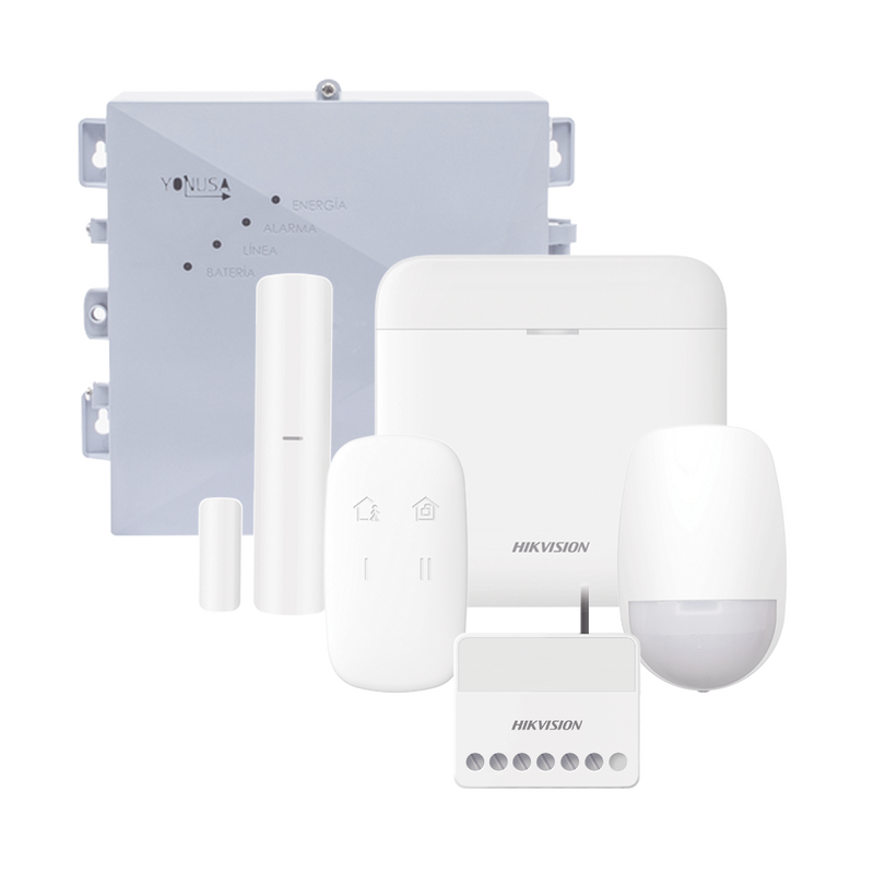 DS-PWA48K-SYSNGV2 (AX PRO + YONUSA) KIT de Alarma AX PRO / Incluye: 1 Hub con bateria de respaldo / 1 Energizador 2500Mts Lineales / 1 Relevador 0 a 36 Vcc (Max. 5 A) con Entrada de Alarma 27/7 / 1 Keyfob / 1 PIR Interior / 1 Magnético