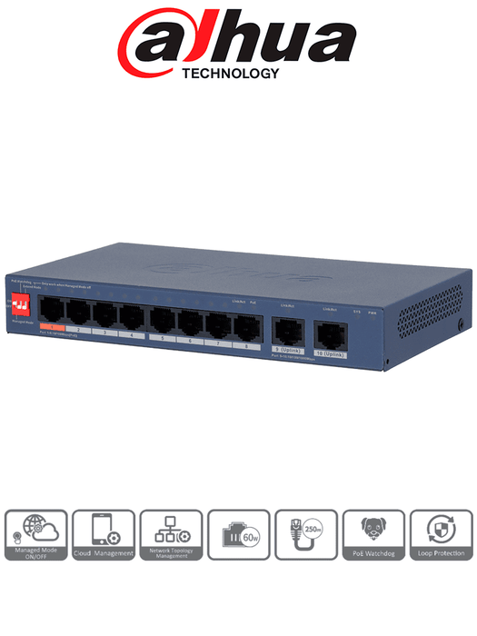 DAHUA DH-CS4010-8ET2GT-60 - Switch PoE de 10 Puertos / 60Watts Totales/ 1 Pto Hasta 60W/ 2 Puertos Uplink GE RJ45/ Switching 4.8Gbps/ Administrable en la Nube por DoLynk Care