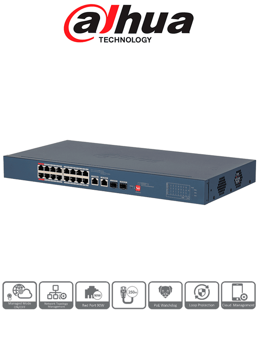 DAHUA DH-CS4218-16ET-240-V2 - Switch  PoE Administrable de 18 Puertos / 16 Puertos PoE/ 240 Watts Totales/ Interfaz Web/ Puerto 1 y 2 Soportan 90 Watts/ 2 Puertos SFP/ 2 Puertos Uplink/ Administrable Cloud Dolink Care/ PoE Watchdog/ Switching 8.8 Gbps/